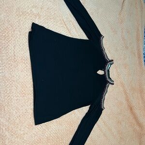 Maurices Black Long Sleeve Top with Embroidered Neckline